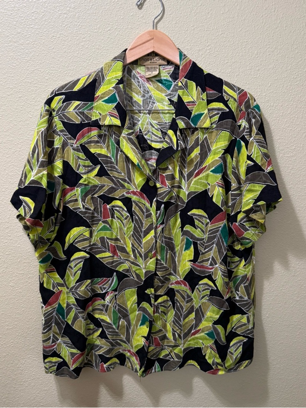 Women’s Vintage 1X Notations Woman Green Black Tropical Hawaiian Button Up Shirt